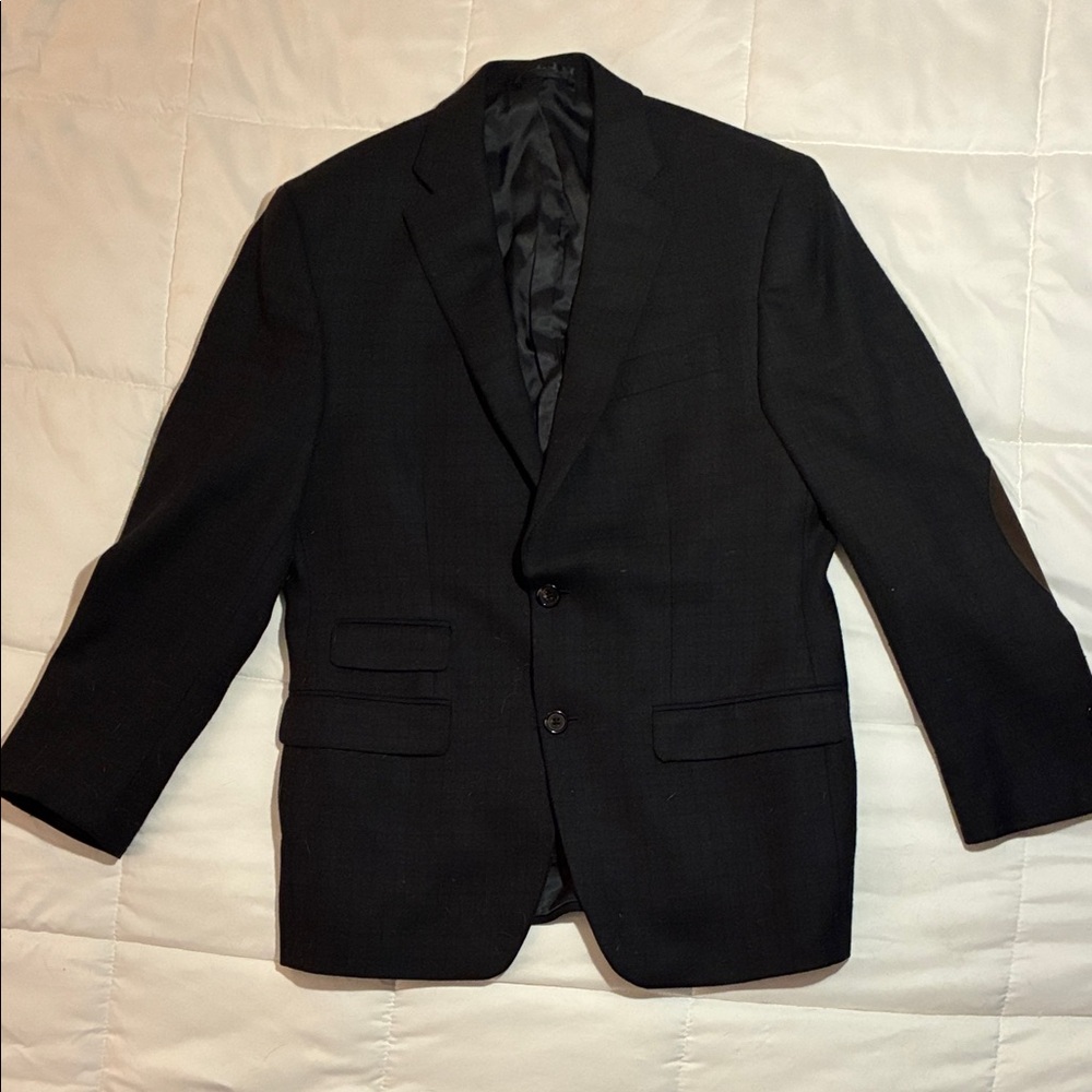 Ralph Lauren Black/Blue Windowpane Plaid WoolBlazer w/ Brown Elbow Patches 38S